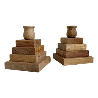 Folk Art Stacked Wood Candle Holders - A Pair For Sale
