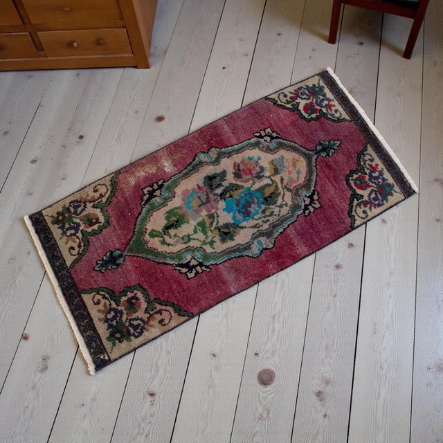 Burgundy Hand Knotted Small Oushak Rug Mat Faded Petite Rug 1'5" X 2'11" For Sale - Image 8 of 14