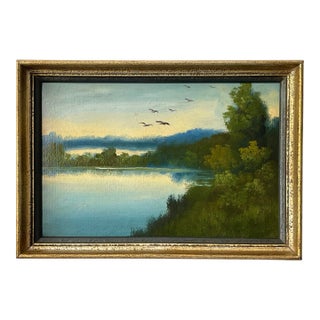 Antique European Landscape Oil on Board Lake in Indigo Framed For Sale