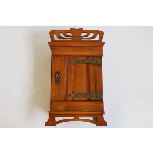 Antique Dutch Art Nouveau Wall Cabinet in Cherry Wood and Brass, 1910 For Sale - Image 3 of 11