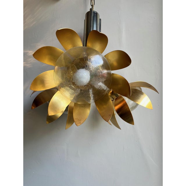 Vintage Floral Top Light Pendant Lamp in Brass and Chrome Steel, 1970s For Sale - Image 3 of 10