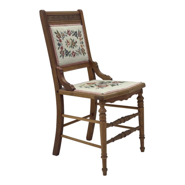 Victorian Style Vintage Floral Needlepoint Side Wood Chair With Turned Spindle Legs For Sale
