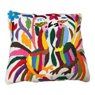 Hand Embroidered Otomi Pillow From Tenango De Doria, Mexico For Sale