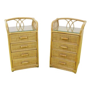 Rattan Nightstands with Four Drawers and Glass Top, Set of 2 For Sale