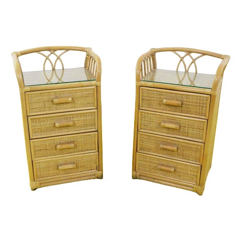 Rattan Nightstands with Four Drawers and Glass Top, Set of 2 For Sale
