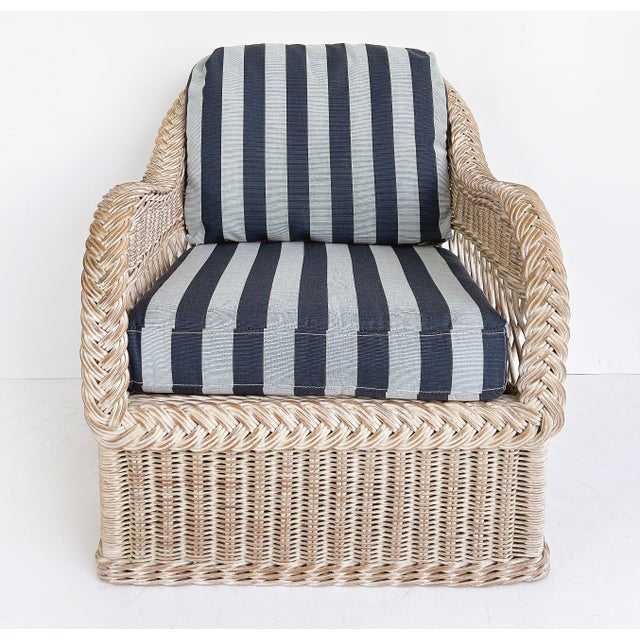 1970s Henry Link Rattan Lounge Chairs, Ottomans, New Sunbrella Upholstery, 2 Pairs For Sale - Image 9 of 18