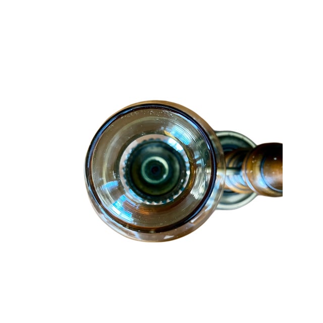 Vintage Brass and Wood Candelabra With Two Hurricane Glass Shades For Sale - Image 13 of 18