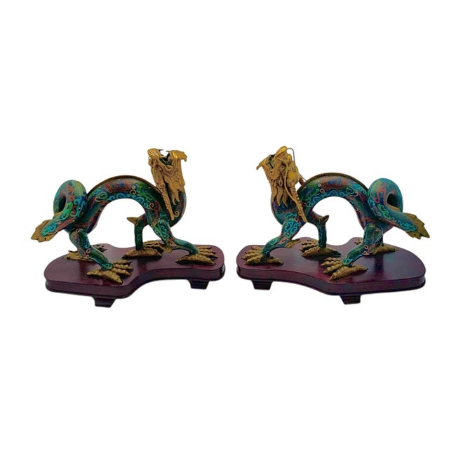 Asian Late 20th Century Chinese Cloisonné Enamel Dragon Statue Pair on Carved Wood Bases, 10.4"h For Sale - Image 3 of 9