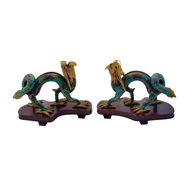Asian Late 20th Century Chinese Dragon Statue Pair Cloisonné Enamel on Wood Base Old Oriental Decor For Sale - Image 3 of 9