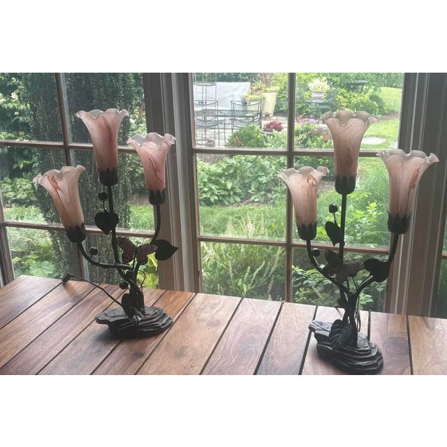 Vintage Table Lamps Pink Glass Tulip Flowers Bronze Butterflies Dale Tiffany Style Pair For Sale - Image 9 of 11