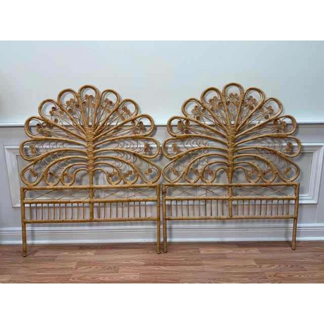 Wood Vintage Boho Chic Peacock Style Rattan Twin Headboards - A Pair For Sale - Image 7 of 7