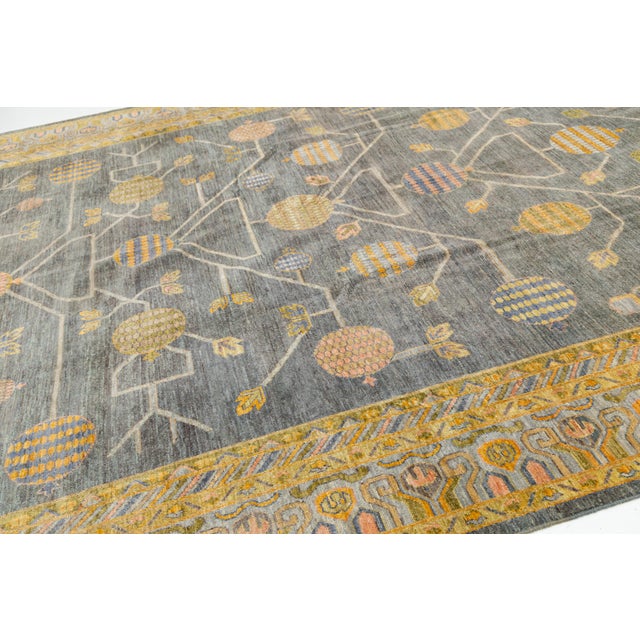 Textile Modern Khotan-Style Pomegranate Tree Charcoal Wool Area Rug For Sale - Image 7 of 12
