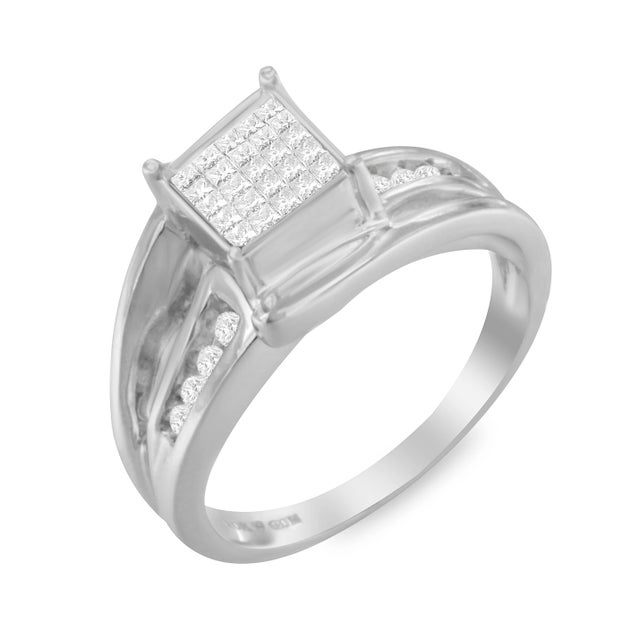 Contemporary 10K White Gold 1/3 Cttw Invisible Set Princess-cut Diamond Cluster Bypass Ring - Ring Size 8 For Sale - Image 3 of 7