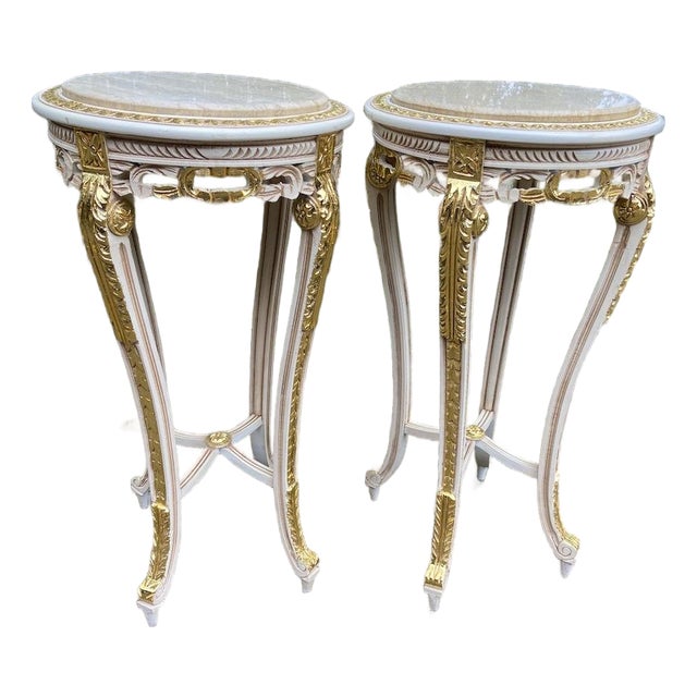 1970s French Louis XVI Antique/White Cream Gold Marble Side Tables- Pair For Sale