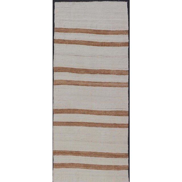 Tribal Vintage Turkish Kilim Runner With Horizontal Stripes in Ivory and Cognac For Sale - Image 3 of 12