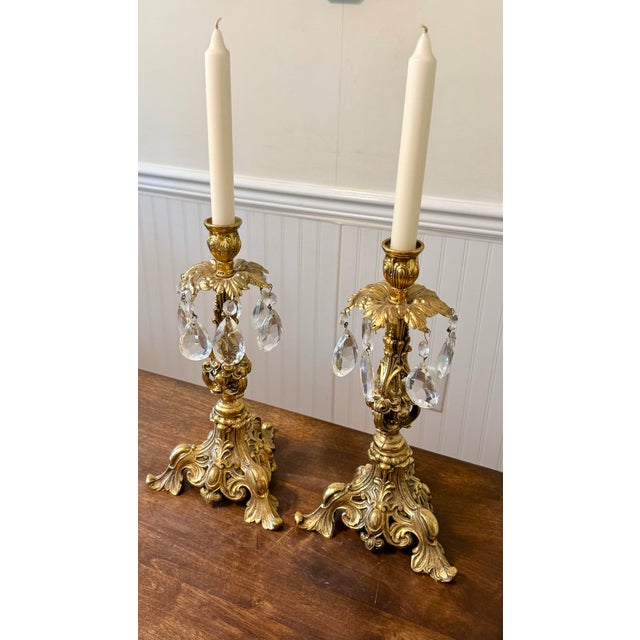 Gold Ornate Gold Candle Holders With Crystal Prisms For Sale - Image 8 of 12