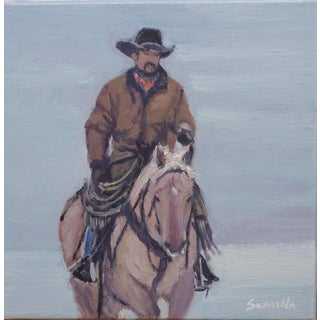 Sean Wu Original Oil Painting, Cowboy Riding a Horse in the Snow For Sale