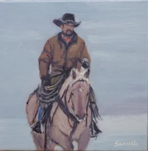 Sean Wu Original Oil Painting, Cowboy Riding a Horse in the Snow
