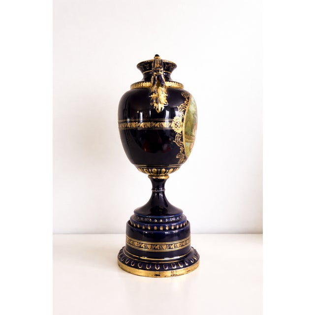Pair of Antique Vienna Style Cobalt Blue & Gilt Porcelain Pedestal Urns, Circa 1900 For Sale In New York - Image 6 of 13