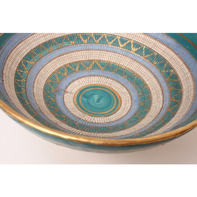 Large Teal and Gilt Ceramic "Seta" Pedestal Bowl by Aldo Londi for Bitossi Italy For Sale In New York - Image 6 of 16