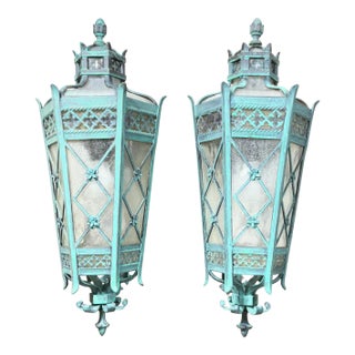 Large Pair of Handcrafted Wall-Mounted Solid Brass Lanterns / Sconces For Sale