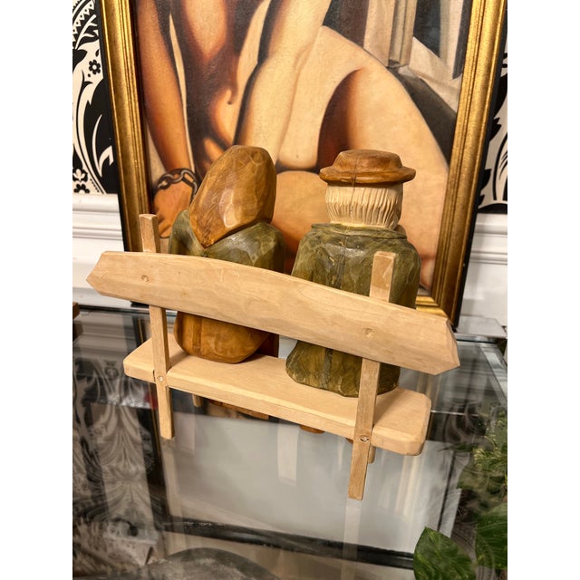 Rustic European 1970s Hand Carved Wooden Sitting Husband and Wife Sculpture For Sale - Image 3 of 6