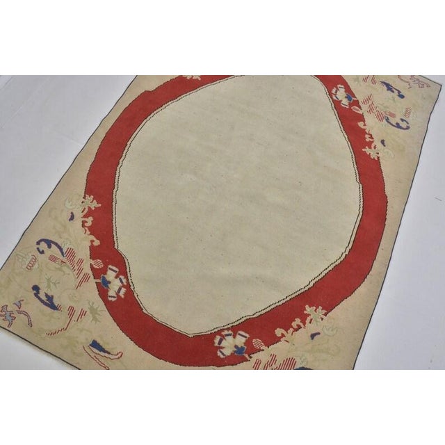 Vintage Turkish Oushak Area Rug With Bold Red Oval Medallion and Cream Field For Sale - Image 4 of 10