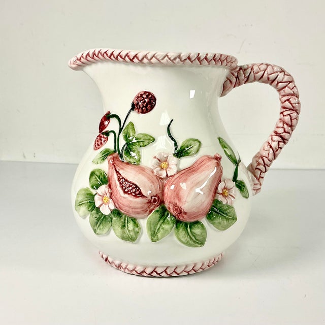 1970s Vintage Boho Chic Coastal English Garden Pomegranate and Raspberry Ceramic Pitcher. For Sale - Image 4 of 13
