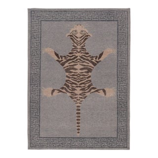 Rug & Kilim’s Distressed Tiger Rug in Gray With Beige and Brown Pictorial For Sale