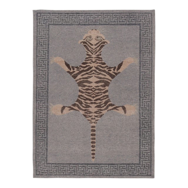 Rug & Kilim’s Distressed Tiger Rug in Gray With Beige and Brown Pictorial For Sale