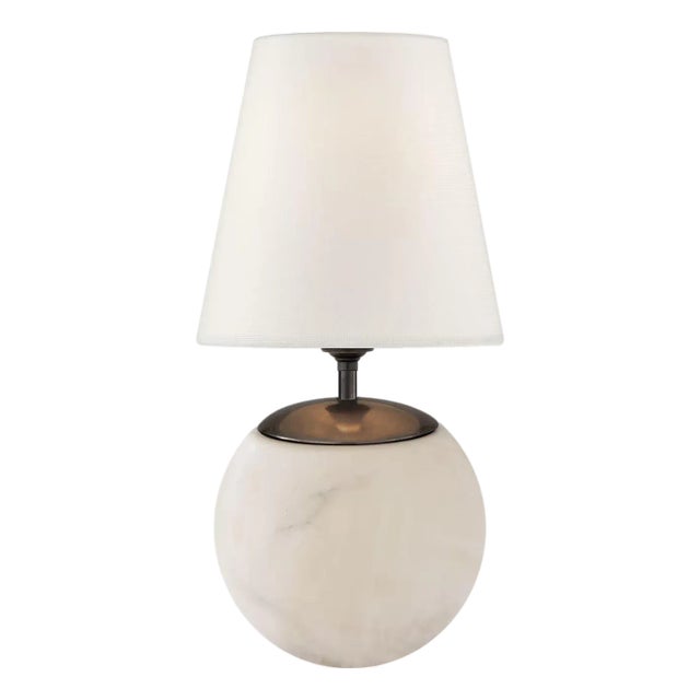 Thomas O'Brien by Visual Comfort Signature Terri Large Round Table Lamp in Alabaster with Linen Shade For Sale