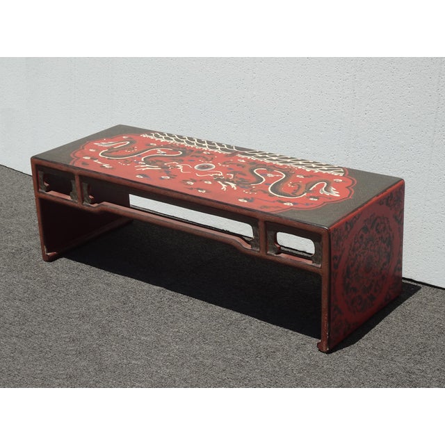 Vintage Chinese Asian Red Dragon Motif Bench ~ Coffee Table For Sale - Image 4 of 15