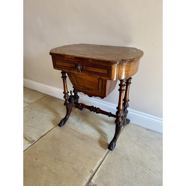 Brown Victorian Inlaid Burr Walnut Work Table, 1860s For Sale - Image 8 of 9