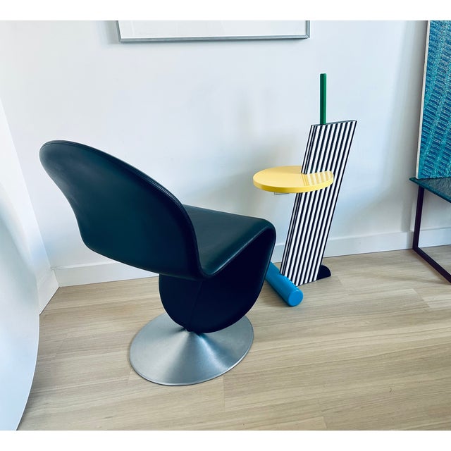 Metal Verner Panton System 1-2-3 Swivel Chair Pair Black Leather Space Age Danish Mid Century Modern For Sale - Image 7 of 9