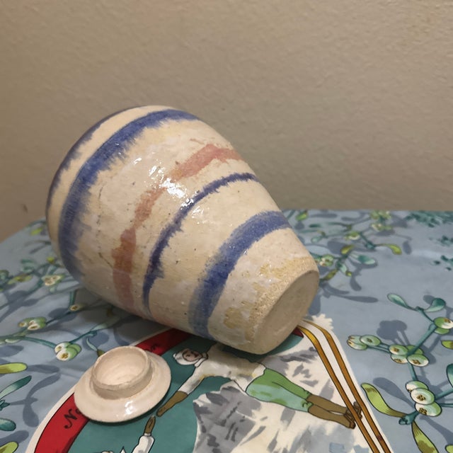 1950s Vintage Studio Art Pottery Striped Ceramic Vase - Blue, Tan, & Peach Glaze Hand-Thrown Boho Decor For Sale - Image 5 of 5