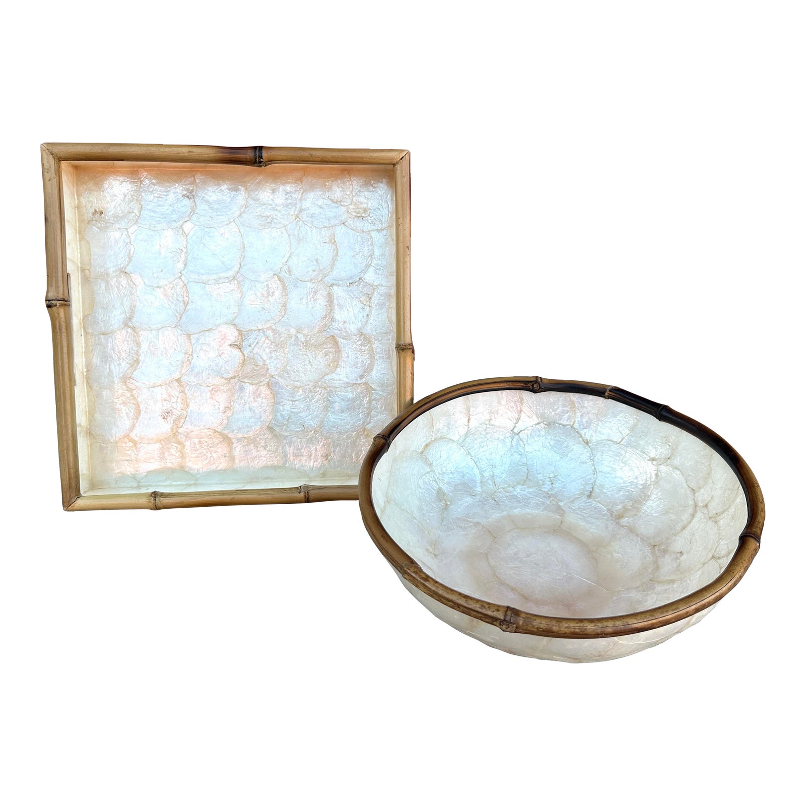 Vintage Capiz Shell Serving Tray & Bowl Set | Chairish