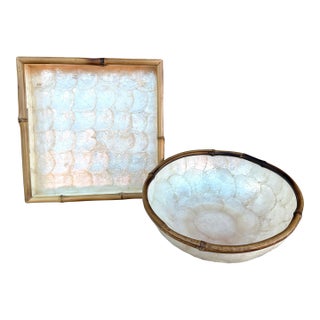 Vintage Capiz Shell Serving Tray & Bowl Set For Sale