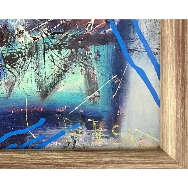 Large 20th century oil on canvas abstract painting. Rich blues, yellows, pinks. Signature in right lower corner, yet...