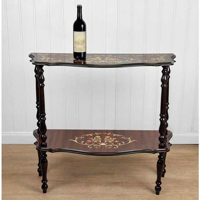 Original 1970’s Italian Rococo Console Table Mahogany Veneered Top with Wonderful Fruitwood Inlay Clear Piano Lacquer...