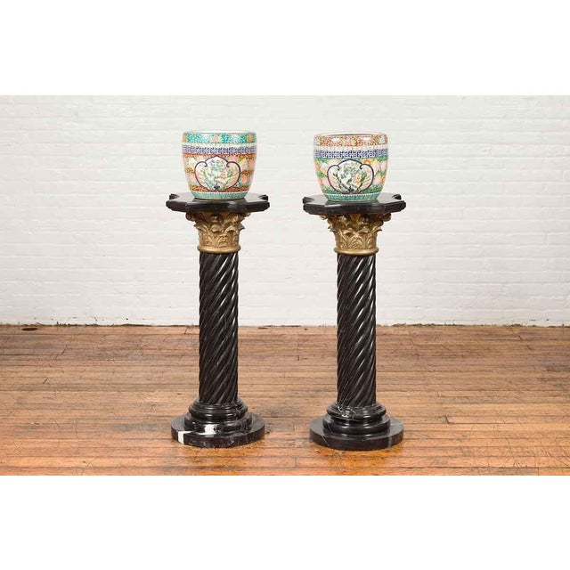 Pair of Black Carrara Marble Twisted Pedestals with Bronze Corinthian Capitals For Sale - Image 10 of 15