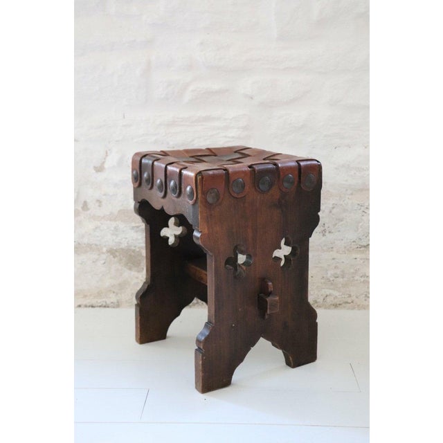 Vintage Brutalist Wood and Leather Stools, 1950s, Set of 2 For Sale - Image 11 of 12