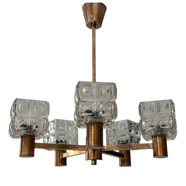 Mid-Century Chandelier in Brass and Crystal from Konsthantverk Tyringe 1, Sweden, 1960s For Sale