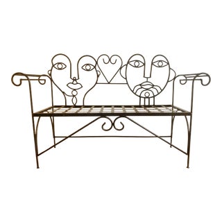 Vintage Wrought Iron Face Bench Settee in the Style of John Risley For Sale