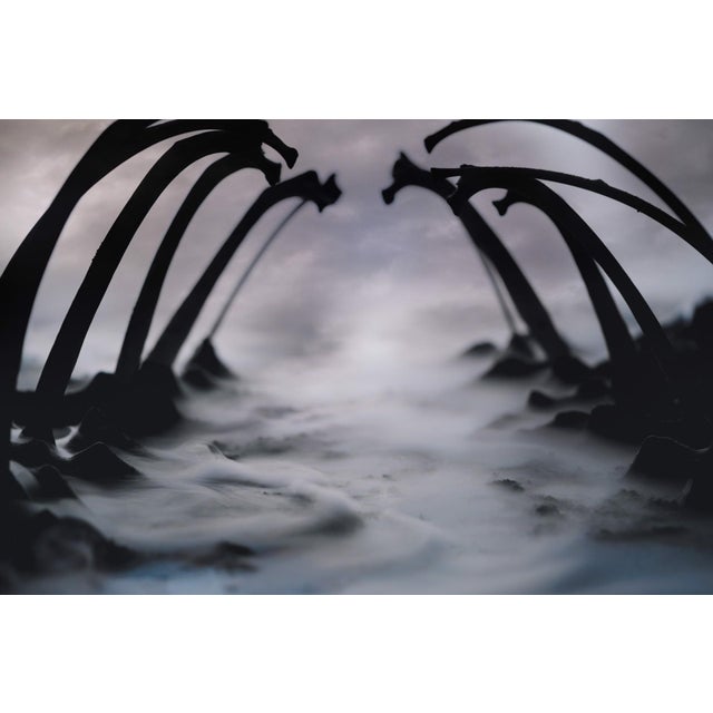 The artwork features an eerie landscape where skeletal archways rise from a misty ground, creating a sense of foreboding...