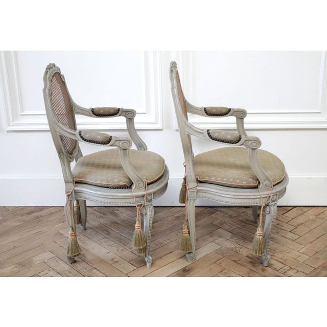 Mid-Century Modern 19th Century Painted Sheild Back Ribbon Carved Cane Open Armchairs For Sale - Image 3 of 13