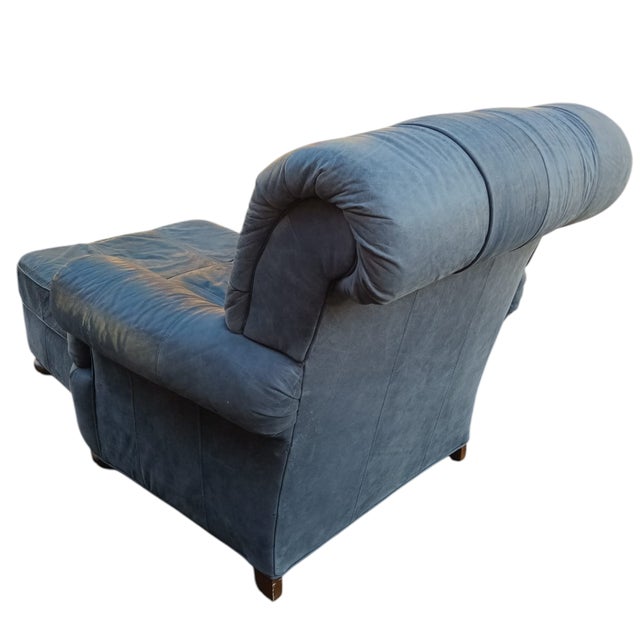 Hickory Furniture A Stunning Bluish-Grey Distressed Lake Hickory Collection Leather Chair & Ottoman. For Sale - Image 4 of 9