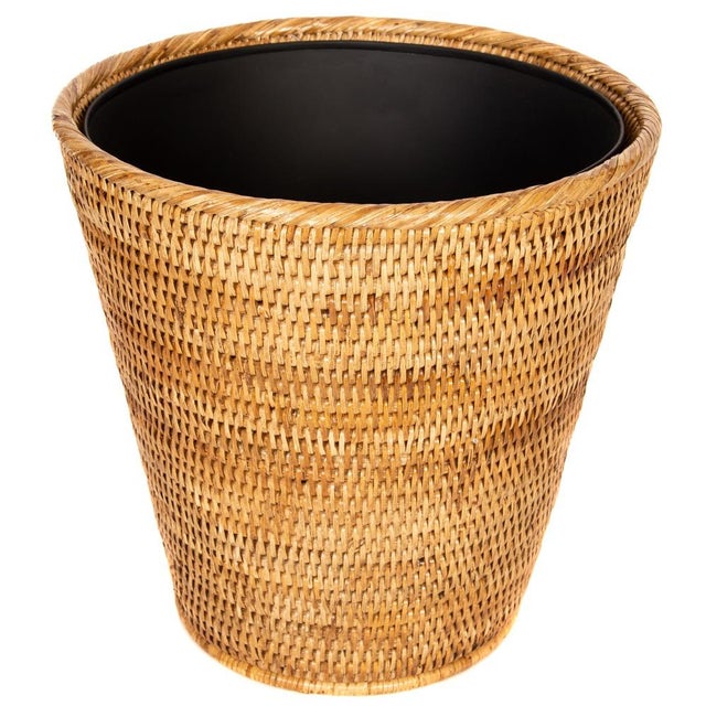 Wood Artifacts Rattan Round Tapered Waste Basket with Metal Liner in Honey Brown - 12" For Sale - Image 7 of 7
