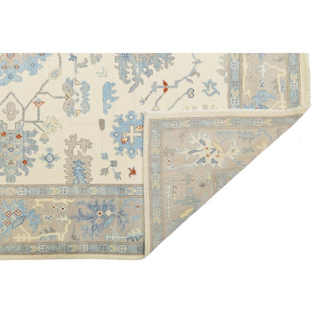 Modern 12x15 Modern Oushak Style Hand-Knot Wool Area Rug in Soft Slate Blue and Beige For Sale - Image 3 of 12
