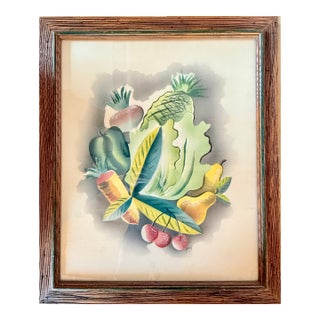 1950s Mid Century Fruit and Veg Water Color Still Life Painting in Wooden Frame For Sale