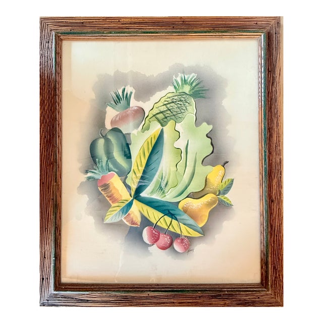 1950s Mid Century Fruit and Veg Water Color Still Life Painting in Wooden Frame For Sale
